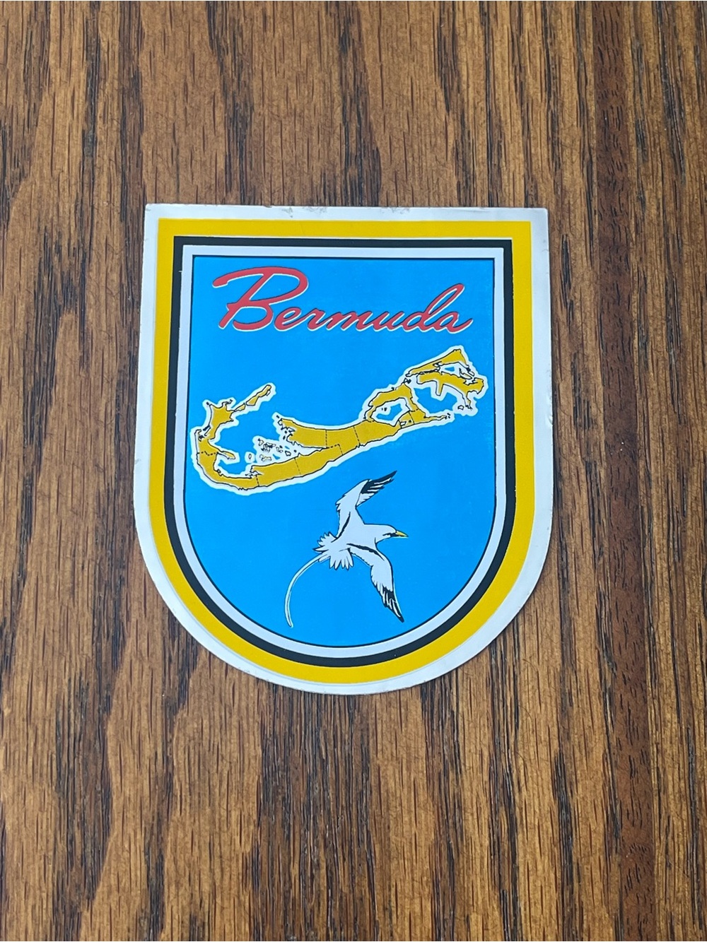 Vintage Bermuda Sticker Souvenir Longtail Bird Shield Shaped Shiny Mirror Like